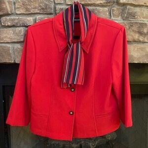 Sag Harbor red blazer with sewn in scarf.  Black stitching, padded shoulders 16